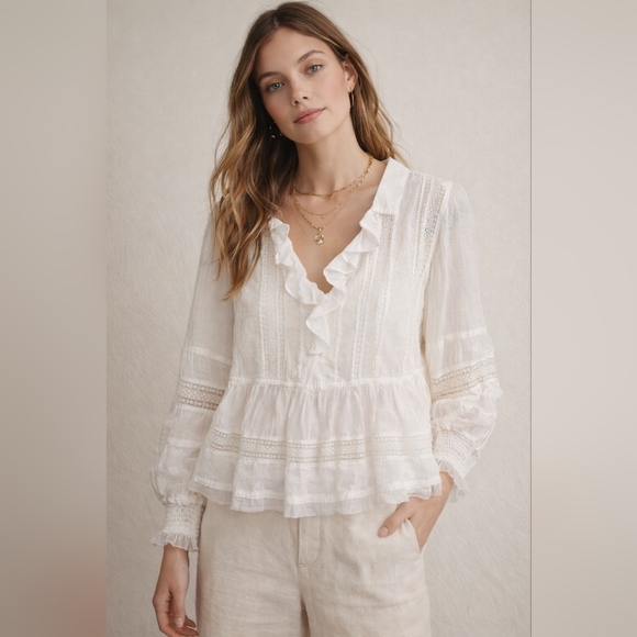 Anthropologie Tops - Anthropologie Lace Ruffle Peplum Blouse White Sheer Boho Size S